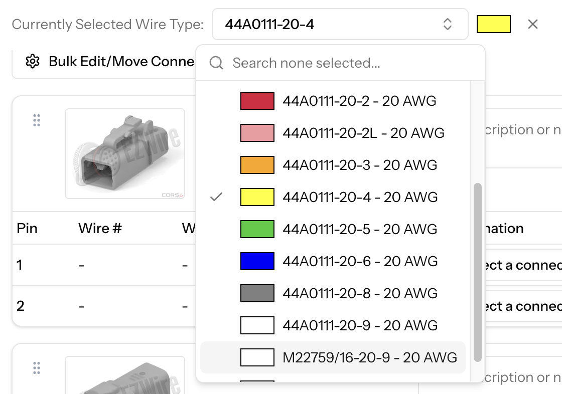 Connector view toolbar and wire type selector in EZ Wire