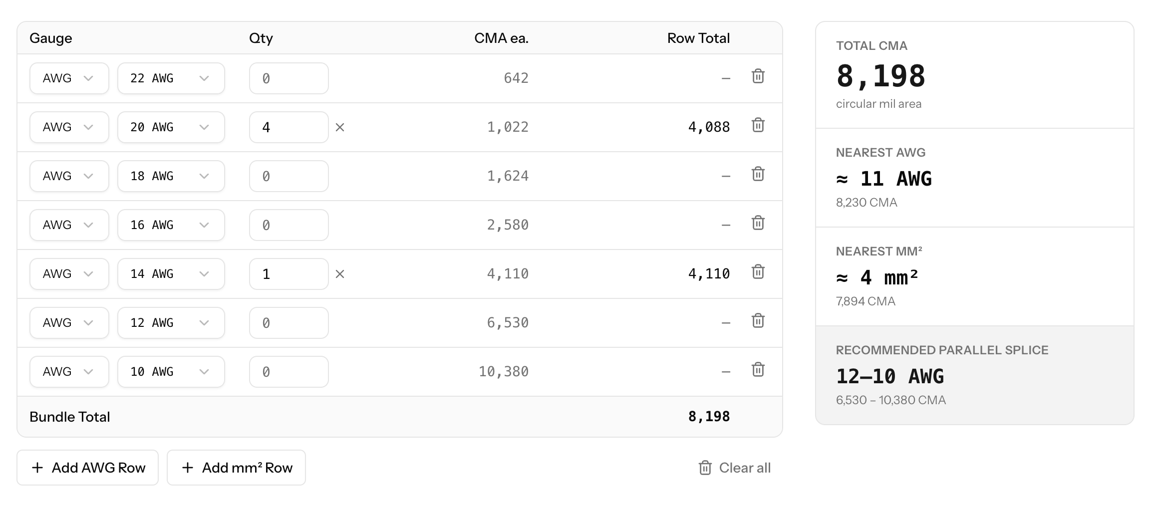 CMA bundle calculator showing mixed AWG and mm² conductors with splice size recommendations